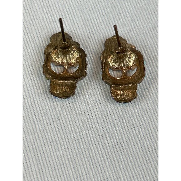 Sugar Skull Rhinestone Stud Earrings Red Rose Gold Tone Skeleton Design - Picture 2 of 7